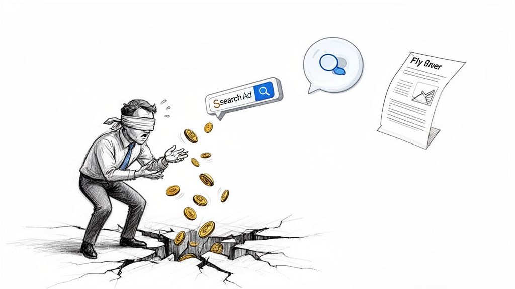 Blindfolded man losing money into cracked ground, with 'Search Ad' bubble overhead.