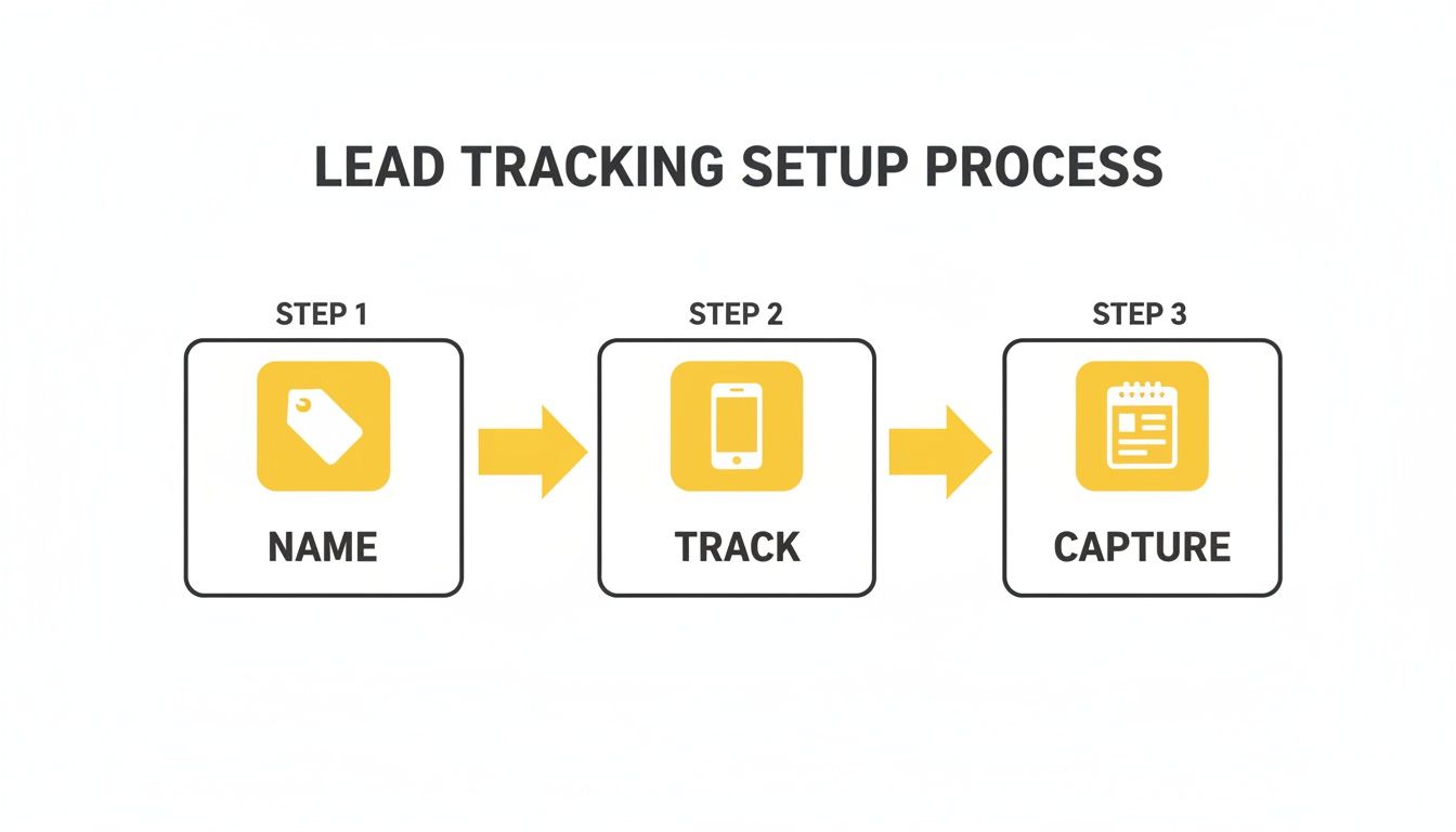 Diagram illustrating the lead tracking setup process with three steps: Name, Track, and Capture.