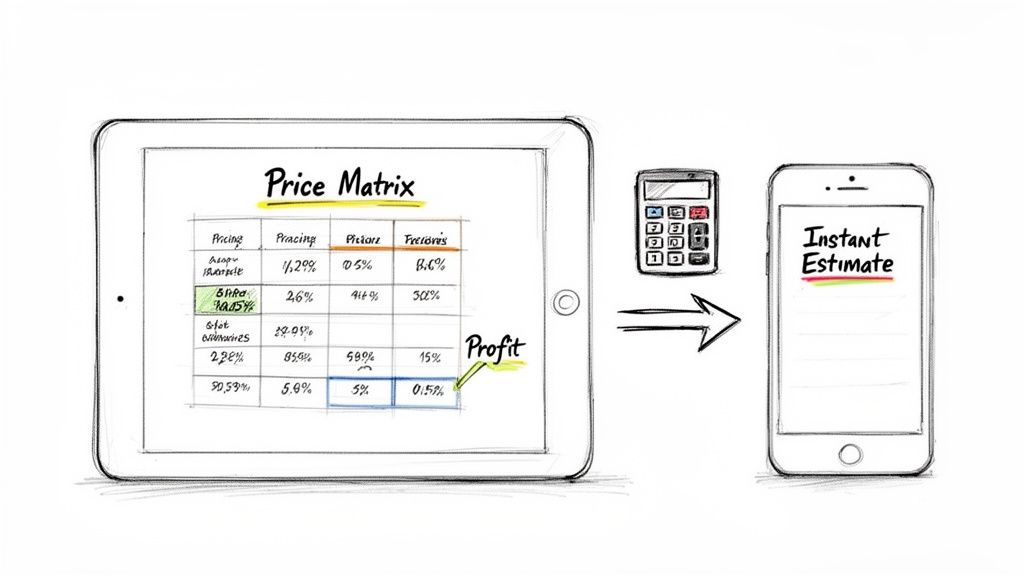 A sketch shows a tablet with a price matrix, a calculator, and a smartphone with an instant estimate.