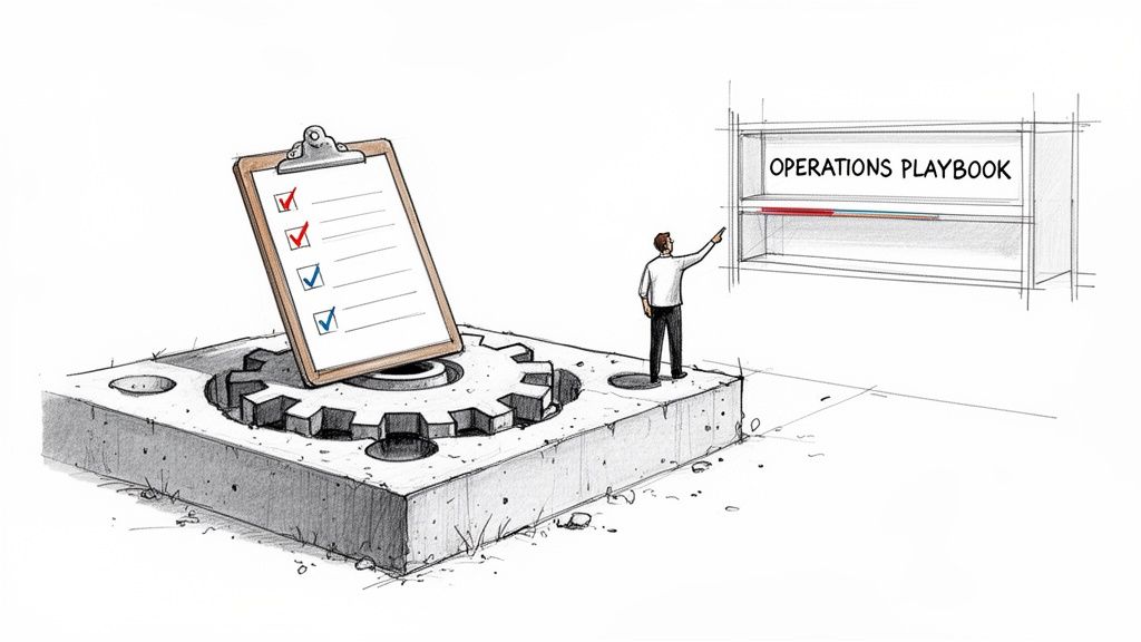A person points to an operations playbook, with a checklist on a gear representing process.