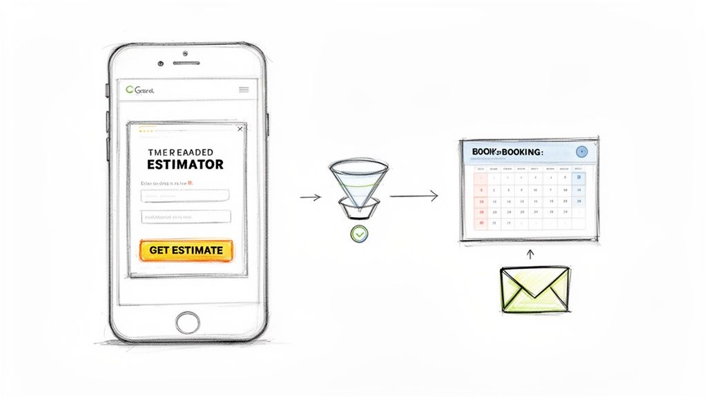 Mobile app estimator form, filtering through to a booking calendar and email confirmation.