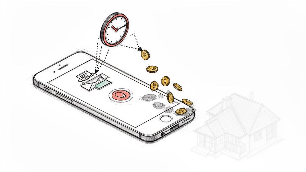Smartphone app showing time-saving email and money-saving coins, with a house in the background.