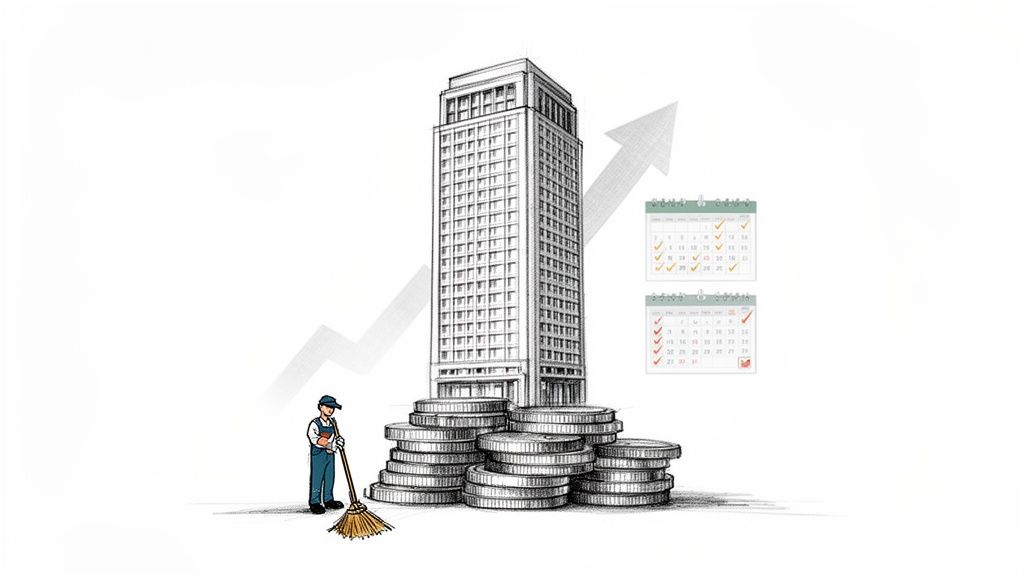 A janitor sweeps coins around a tall building, with an upward arrow and calendars, symbolizing commercial cleaning success.