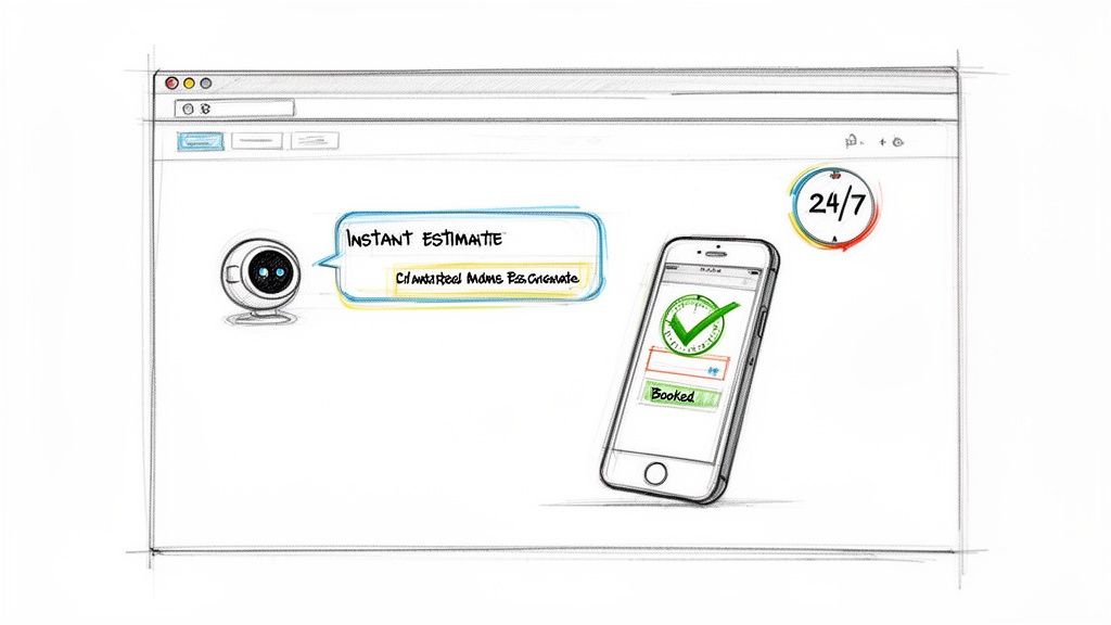 An illustrated web interface demonstrating instant cleaning estimates and guaranteed bookings via chatbot and smartphone, available 24/7.
