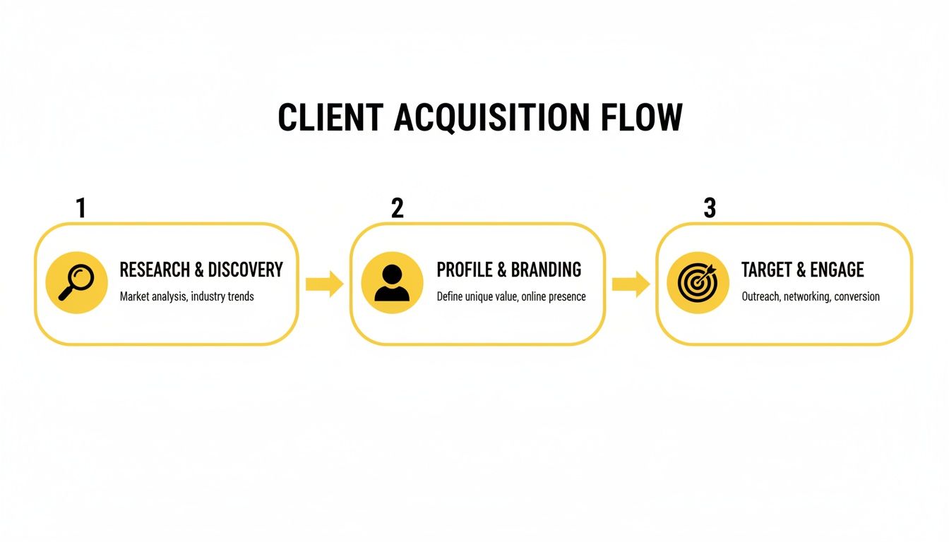 A three-step client acquisition flow chart showing research, profile & branding, and target & engage.