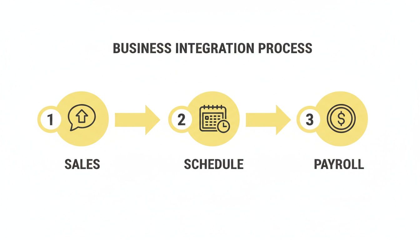 Flowchart illustrating a business integration process with sales, schedule, and payroll steps.