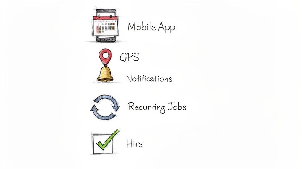 A hand-drawn list of features including mobile app, GPS, notifications, recurring jobs, and hiring.