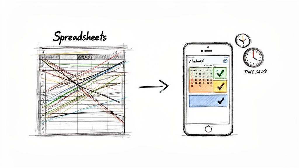 Illustration shows complex spreadsheets transforming into simple mobile app scheduling, symbolizing time saved.