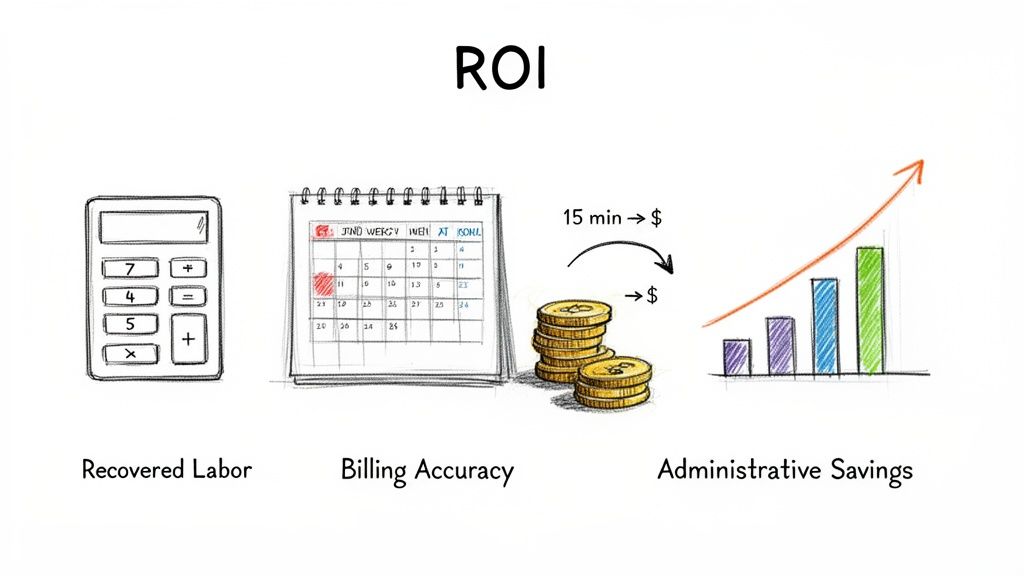 Illustration showing Return on Investment (ROI) benefits: recovered labor, billing accuracy, and administrative savings.