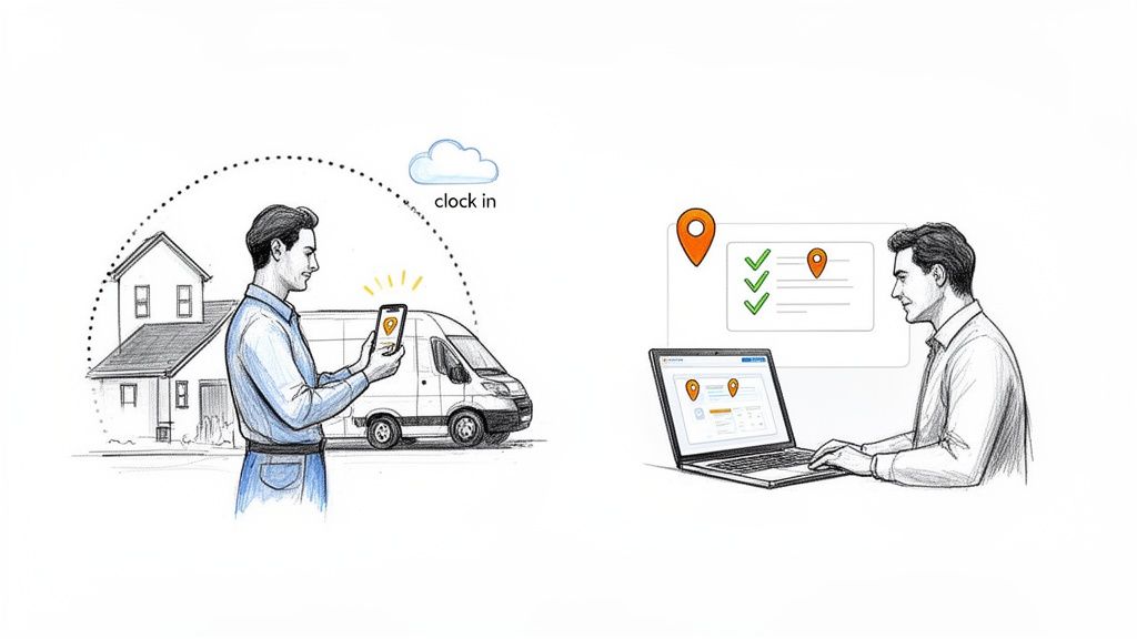A worker clocks in via a mobile app near a van, while a manager monitors time and attendance on a laptop.