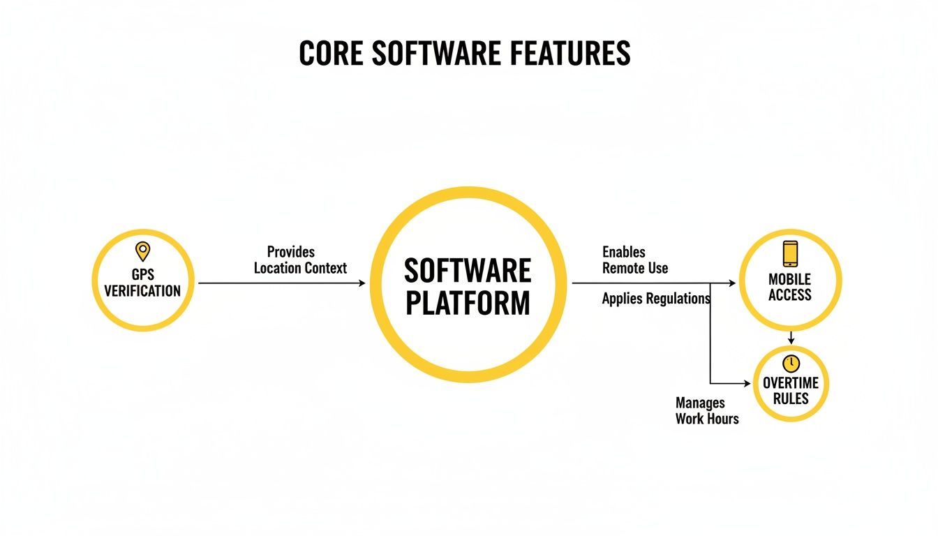 Flowchart showing core software features: GPS verification, mobile access, and overtime rules integrated with a software platform.