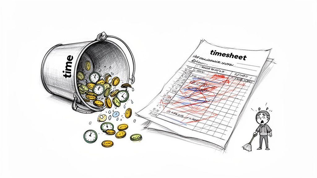 Cartoon showing spilled bucket of 'time' (clocks and coins) next to a messy timesheet and a stressed person.