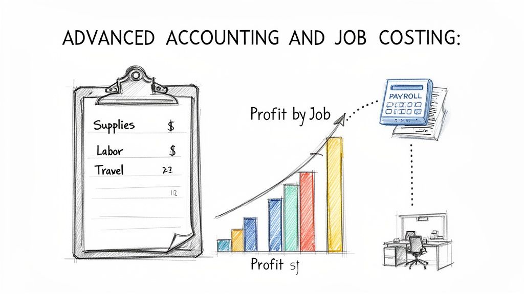 Illustration of advanced accounting and job costing concepts, showing expenses, profit growth, and payroll.
