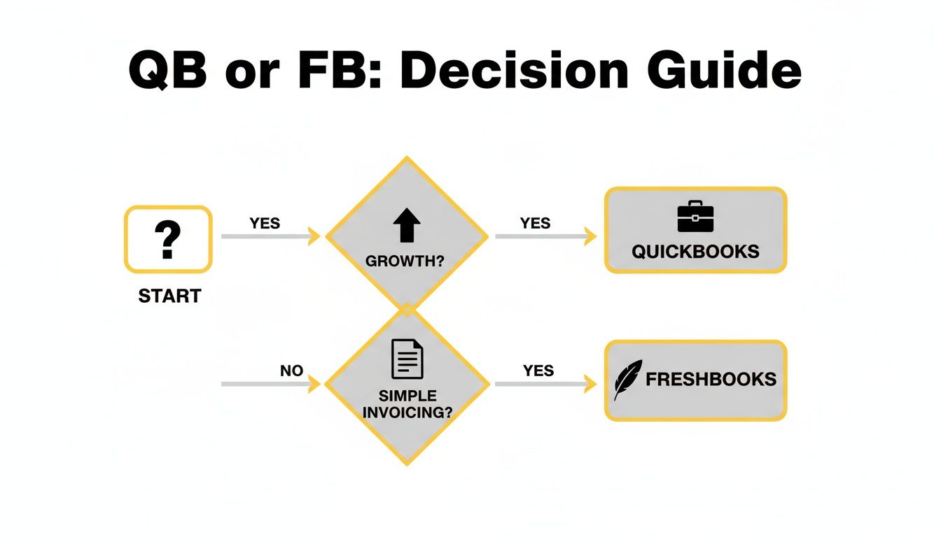Flowchart guiding the choice between QuickBooks and FreshBooks based on growth and simple invoicing.