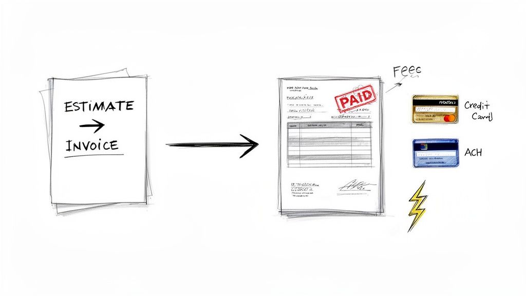 A diagram illustrates the workflow from an estimate to a paid invoice, including credit card and ACH payment options with fees.
