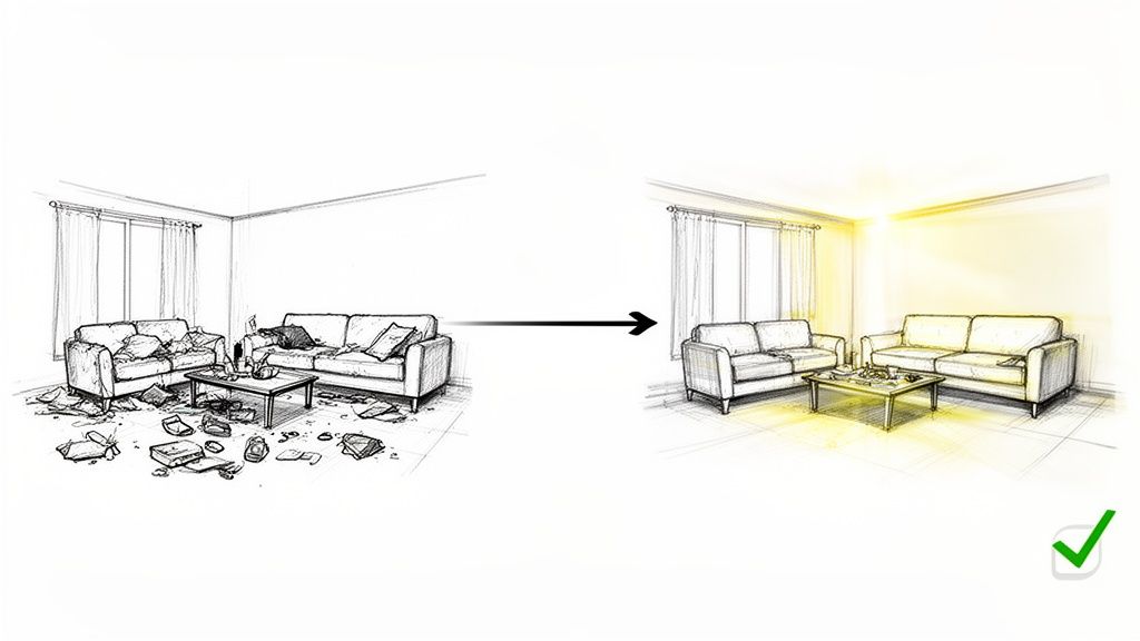 Sketch illustrating a messy living room transformed into a clean, well-lit, and tidy space.