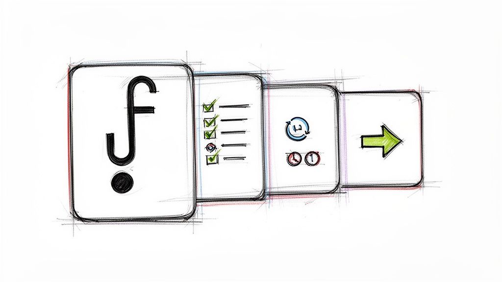 Four hand-drawn cards depicting a content workflow from idea to execution with symbols.