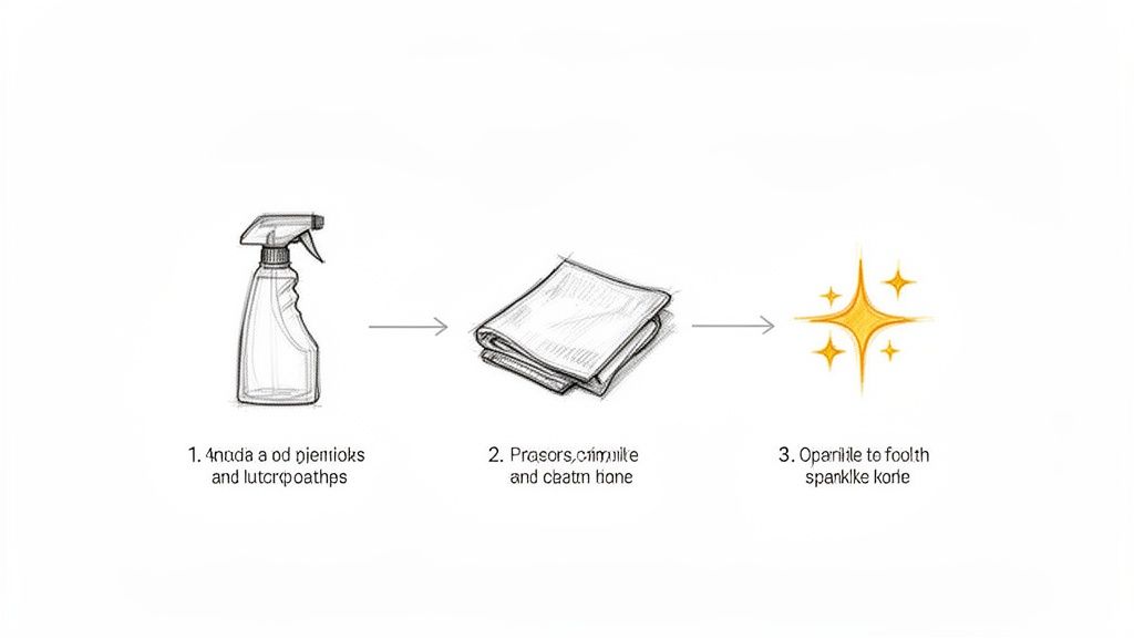 A three-step process showing a spray bottle, a cleaning cloth, and sparkling stars, symbolizing effective cleaning.
