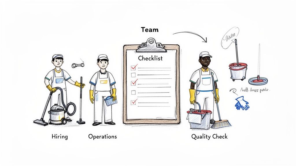 Illustration of a cleaning business team showing hiring, operations, checklist management, and quality check.