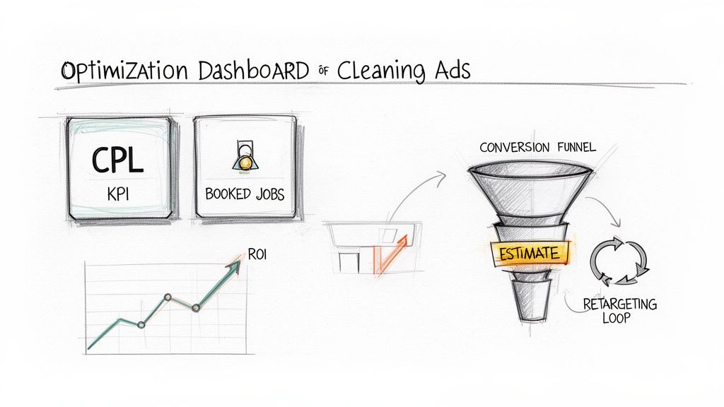 Hand-drawn optimization dashboard for cleaning service ads, showing CPL, booked jobs, ROI, and a conversion funnel with retargeting.