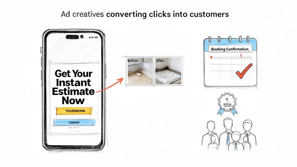 Ad creatives showing a smartphone ad for instant estimates, before/after cleaning results, and booking confirmation.