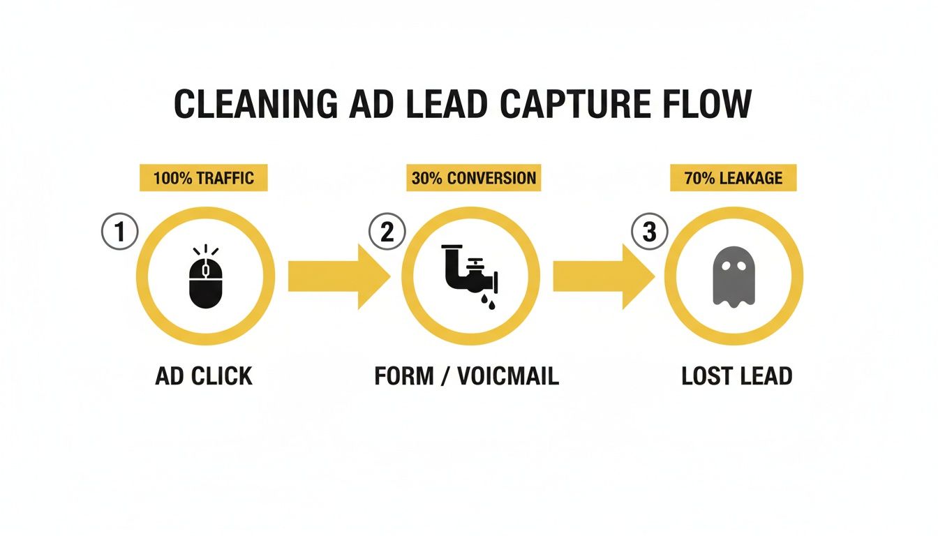 Flowchart illustrating a cleaning ad lead capture process, showing ad clicks, form submissions, and lost leads.