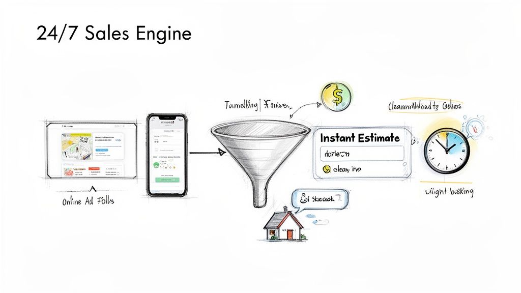 Diagram of a 24/7 sales engine, showing online ads, mobile engagement, instant estimates, and booking.