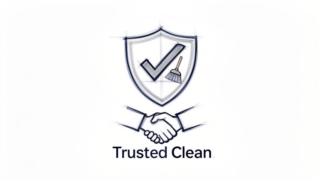Hand-drawn shield with checkmark and broom, symbolizing trusted cleaning services, above a handshake and 'Trusted Clean' text.
