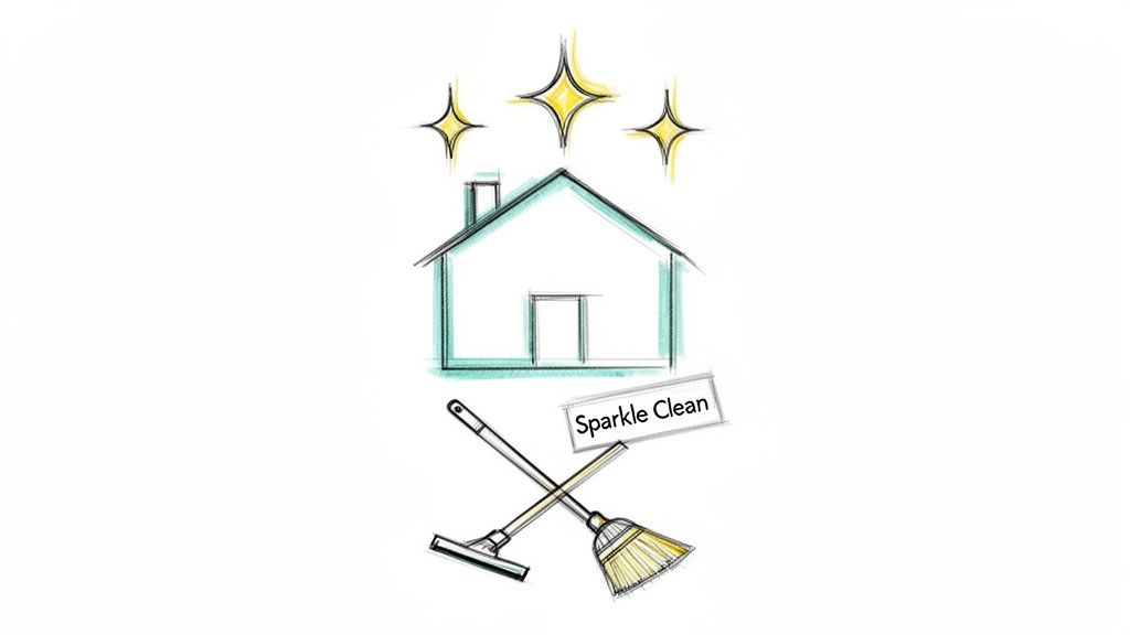 A simple sketch of a house with sparkles, a broom, squeegee, and 'Sparkle Clean' sign.