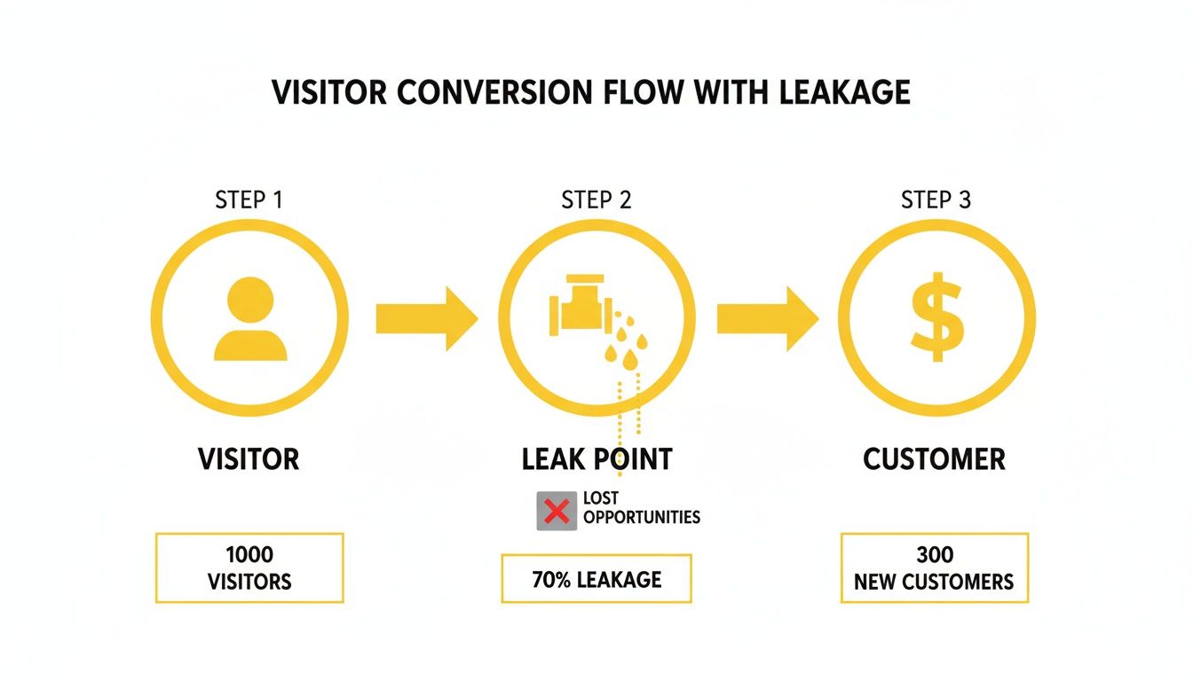 Diagram illustrating a visitor conversion flow with 70% leakage, resulting in 300 new customers from 1000 visitors.