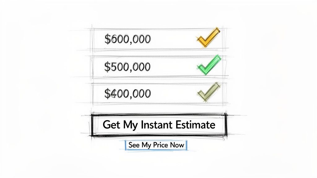 Sketched user interface showing three price options with checkmarks and buttons for estimates.