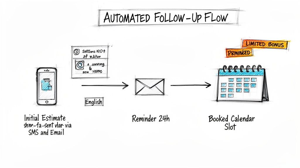 An automated follow-up flow diagram: initial estimate via SMS/email, 24h reminder, and booked calendar slot.