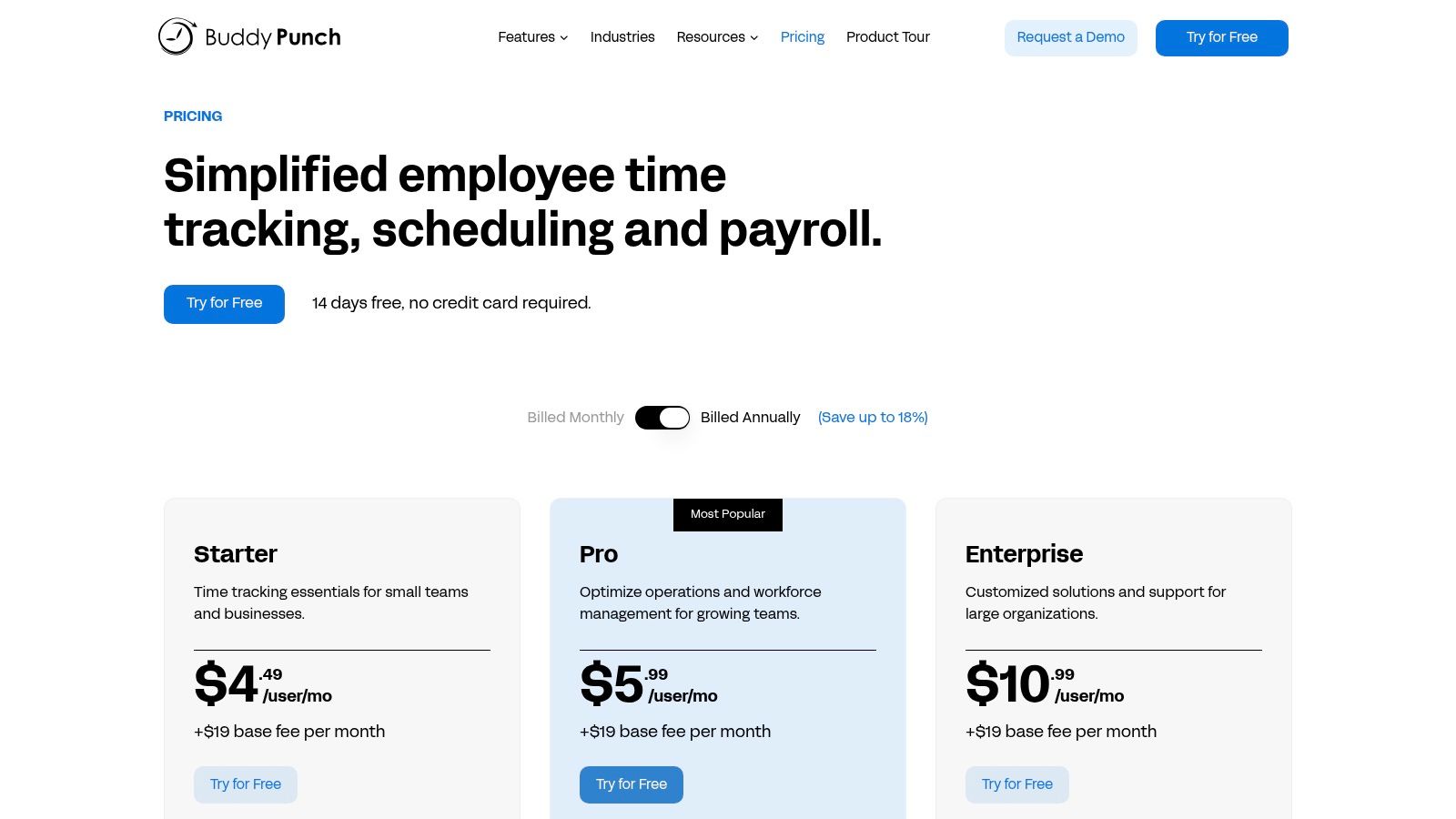 Buddy Punch pricing plans for its clock in app