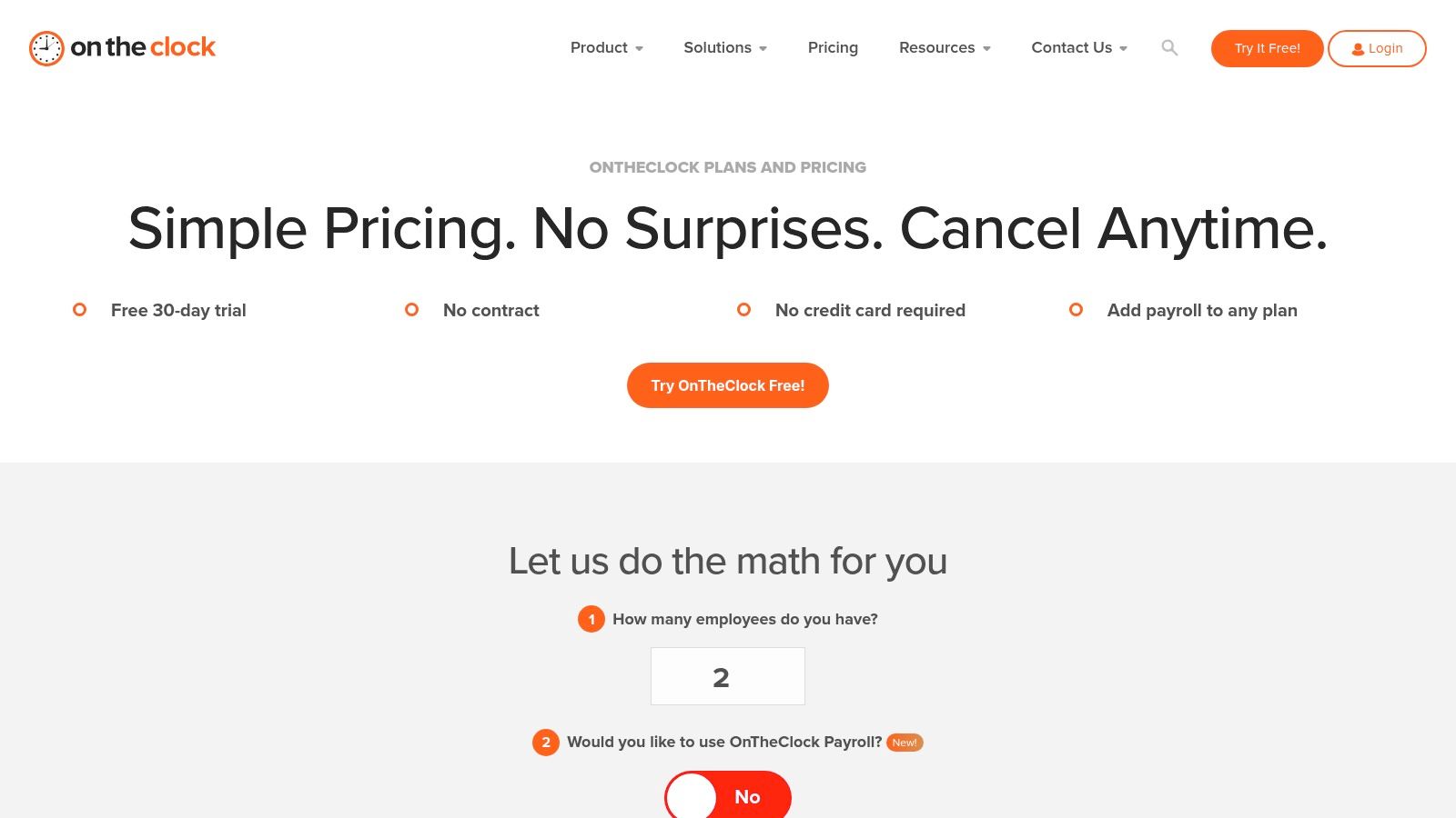 OnTheClock pricing page for its clock in app