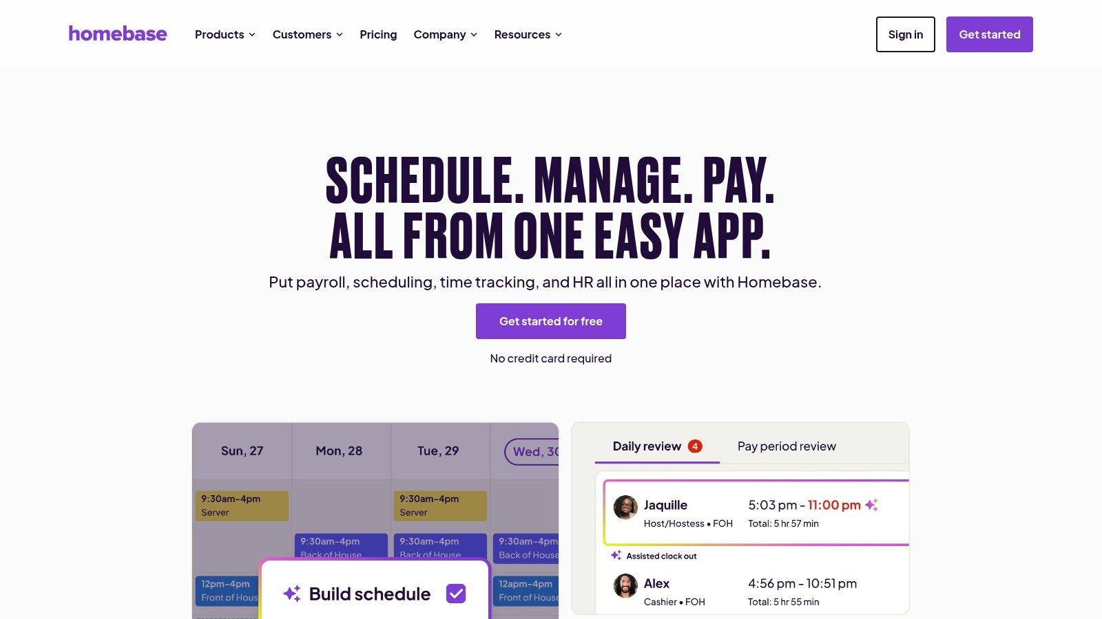 Homebase work schedule and clock in app interface