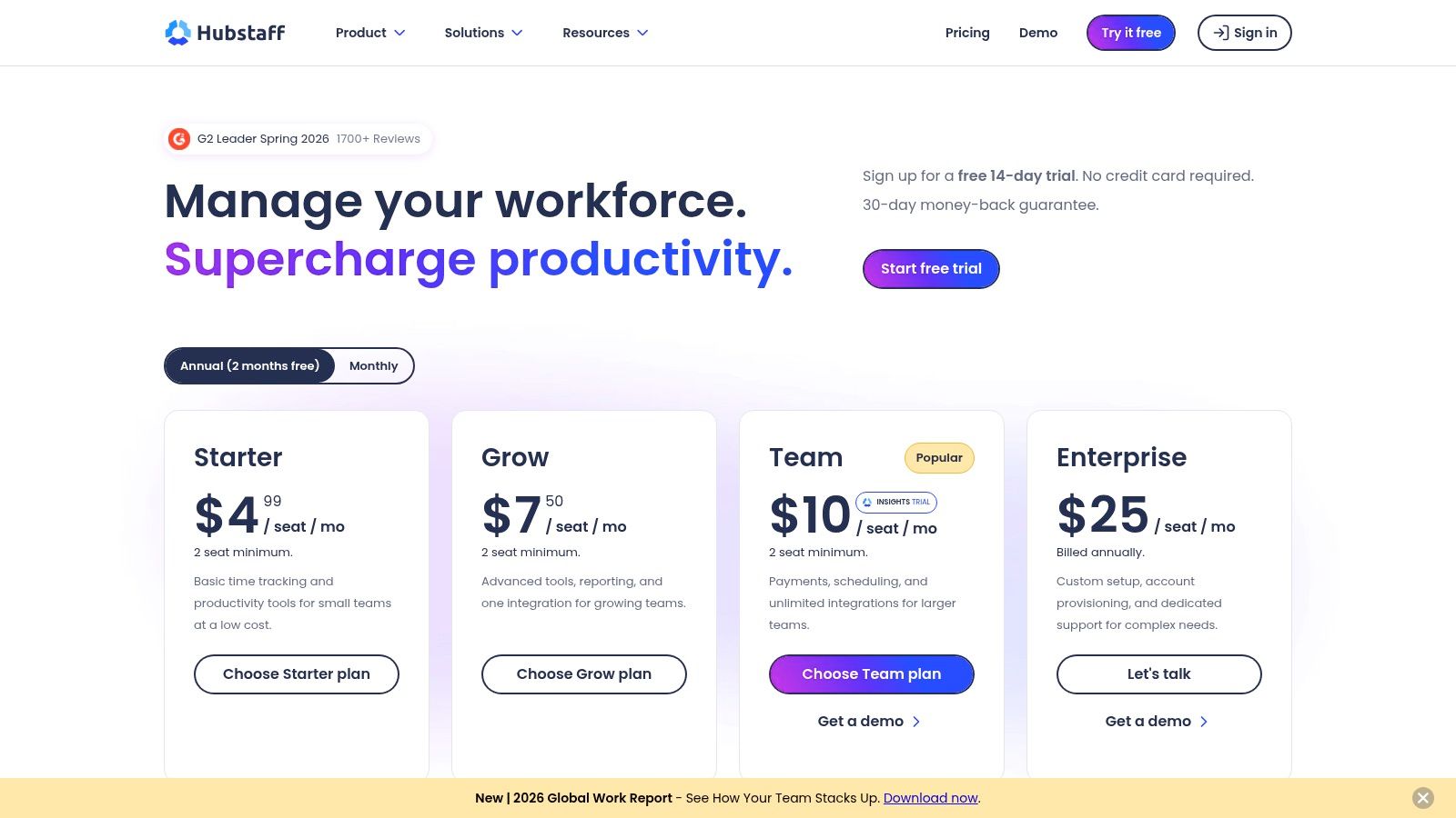 Hubstaff pricing plans for its clock in app