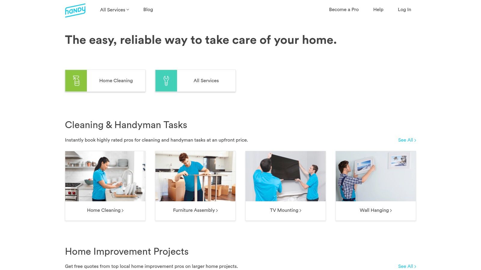 Handy user interface showing options for booking a home cleaning service.