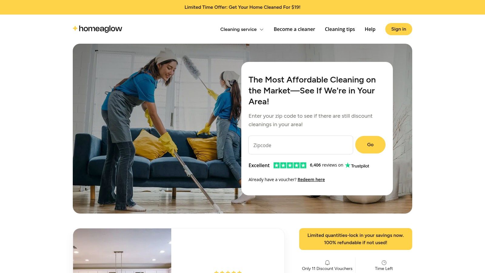 Homeaglow user interface showing options for booking a home cleaning service.
