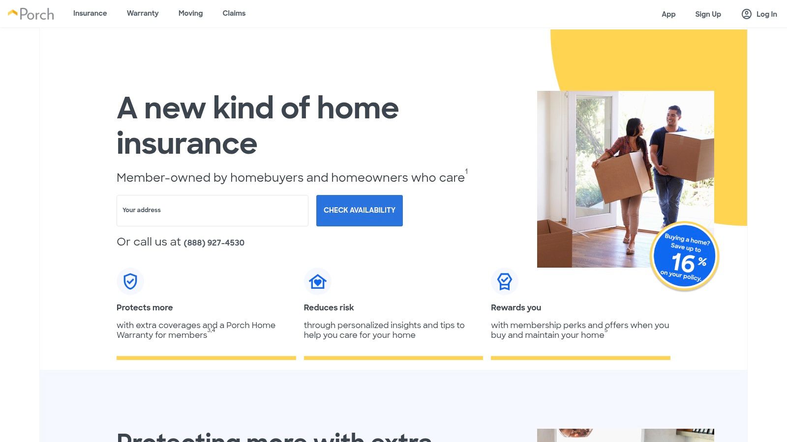Porch user interface displaying home insurance options and services.