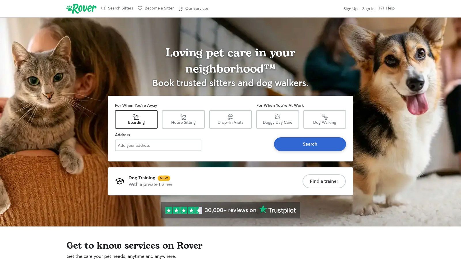 Rover user interface showing a map with available pet sitters.