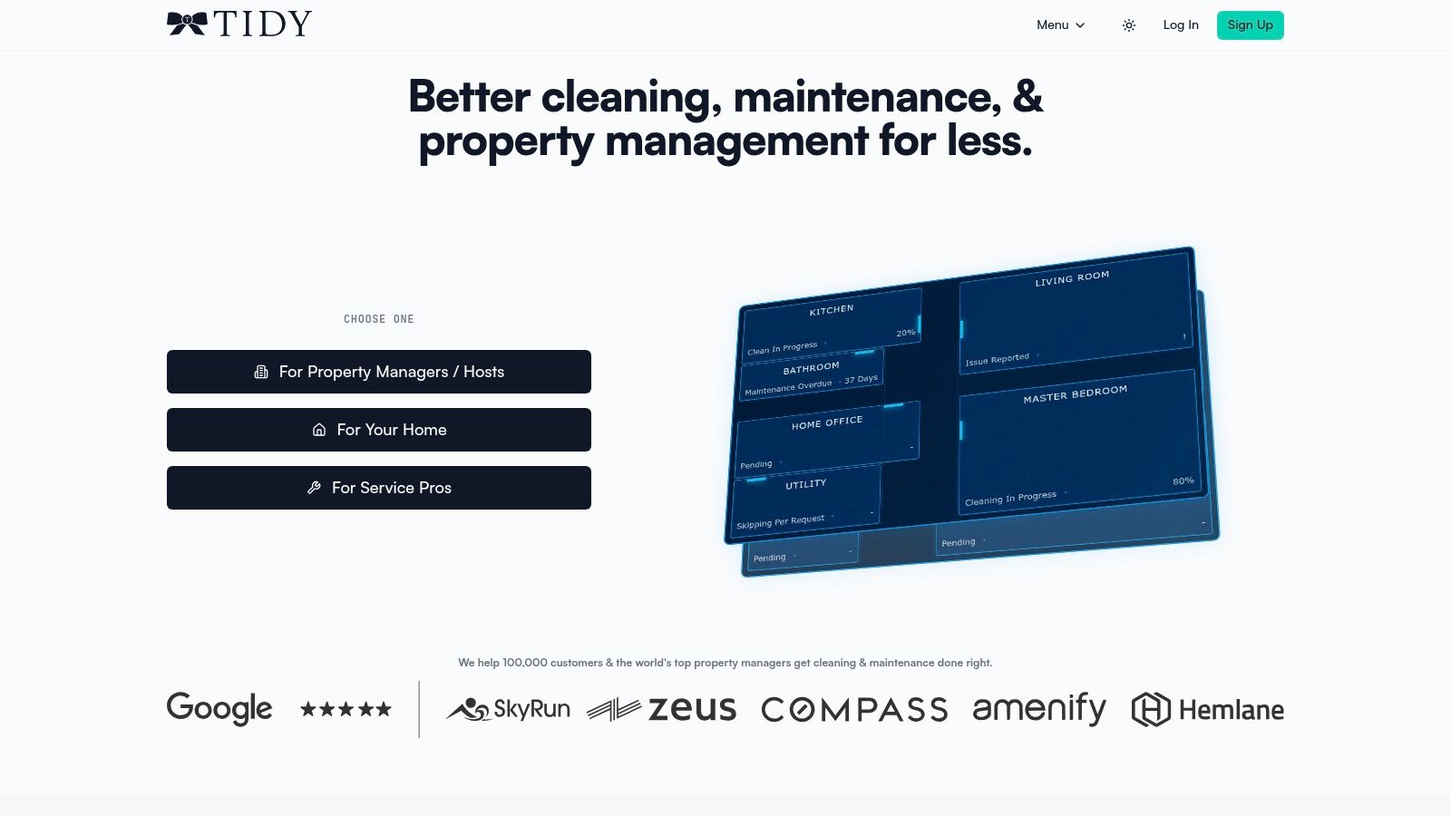 TIDY's interface showing property management and cleaning job details.