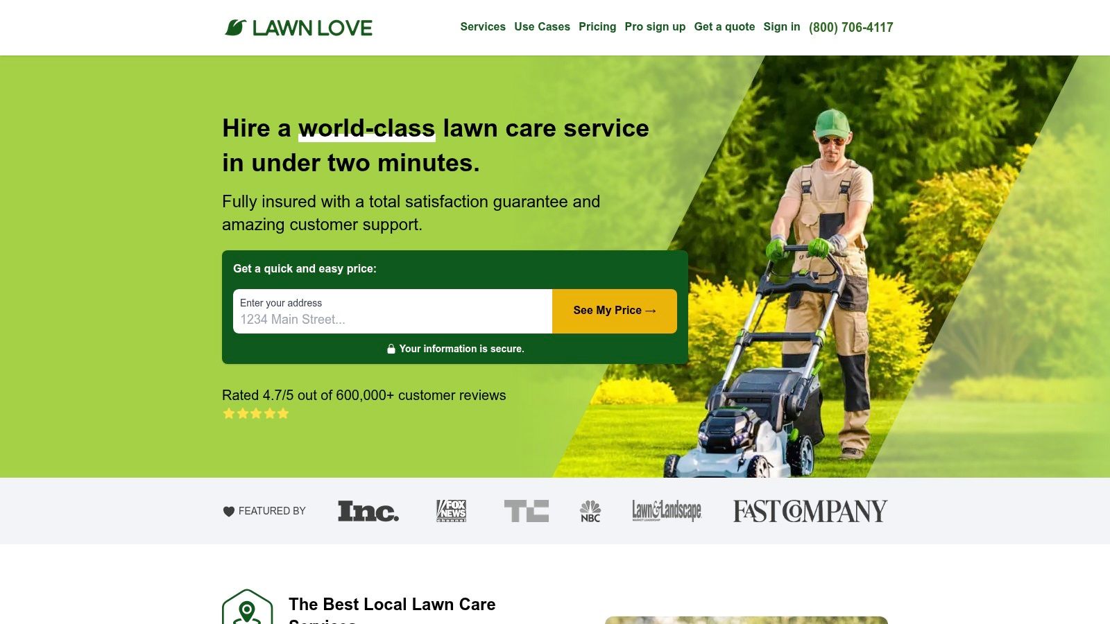 Lawn Love user interface showing a map with service locations and job details.
