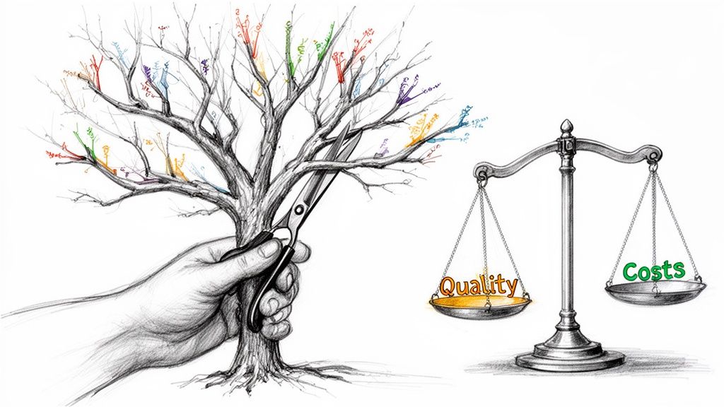 A hand holding scissors cutting a tree beside a balance scale showing quality and costs trade-off.
