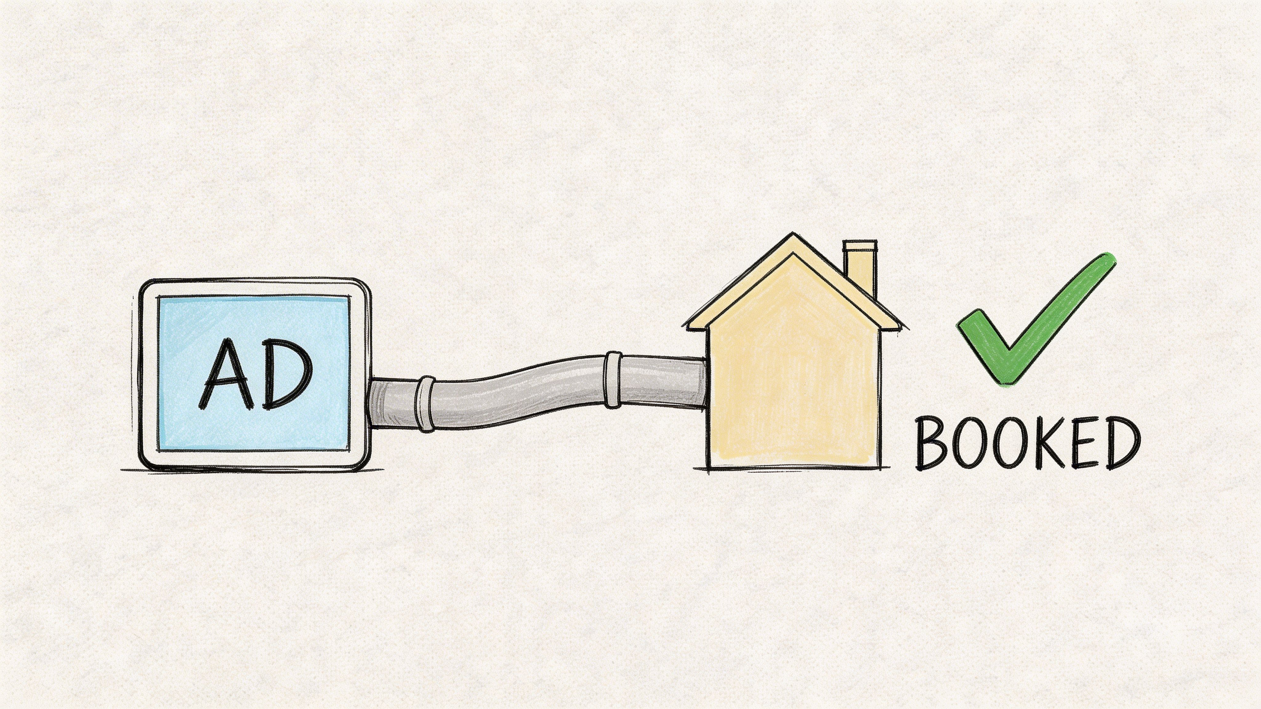 A hand-drawn illustration showing an advertisement tablet connected by a pipe to a house, symbolizing successful booking.