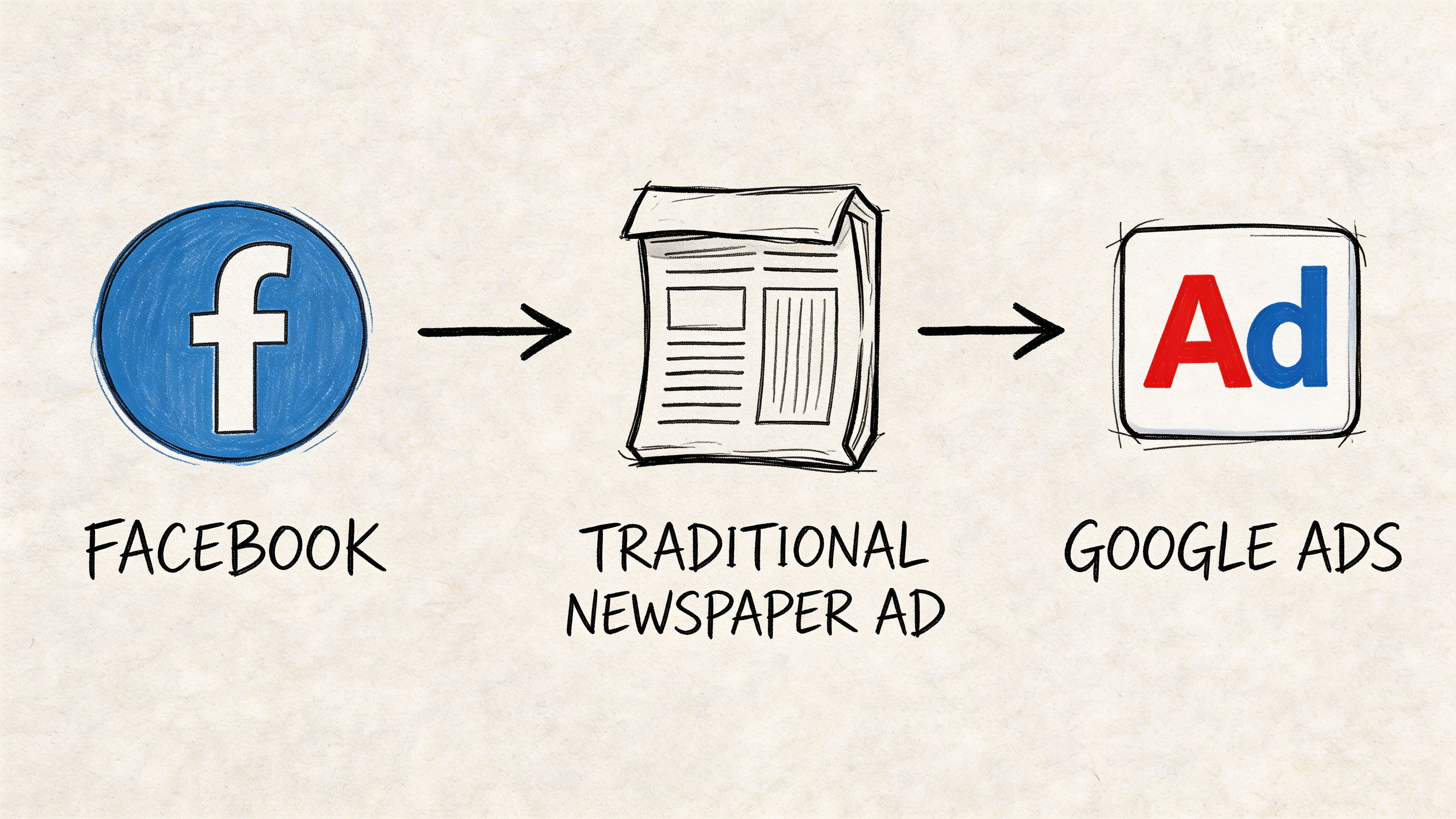 A hand-drawn illustration showing the evolution from Facebook to traditional newspaper ads and then to Google Ads.