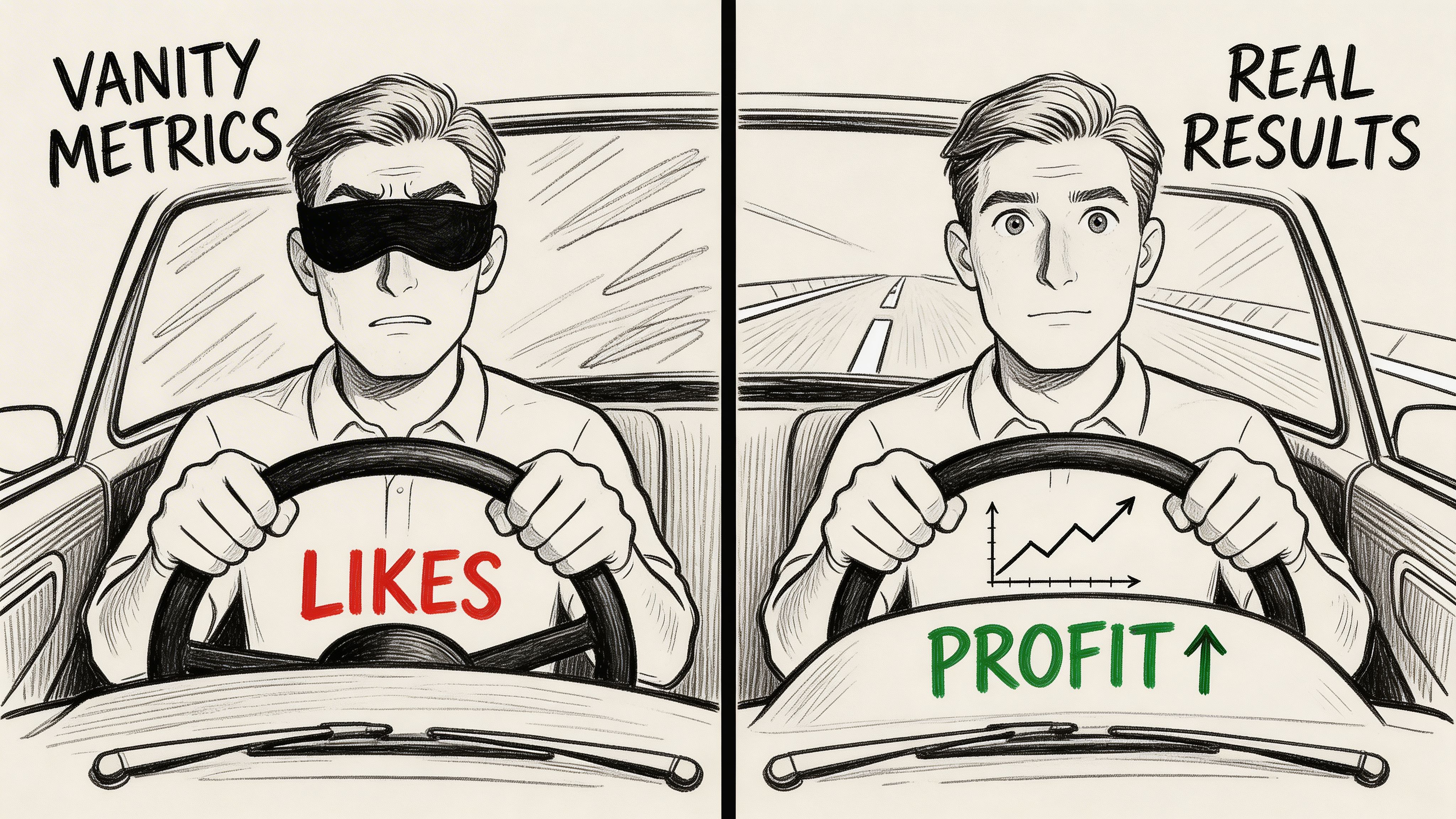 A split illustration comparing vanity metrics like likes versus real results like profit when driving business.