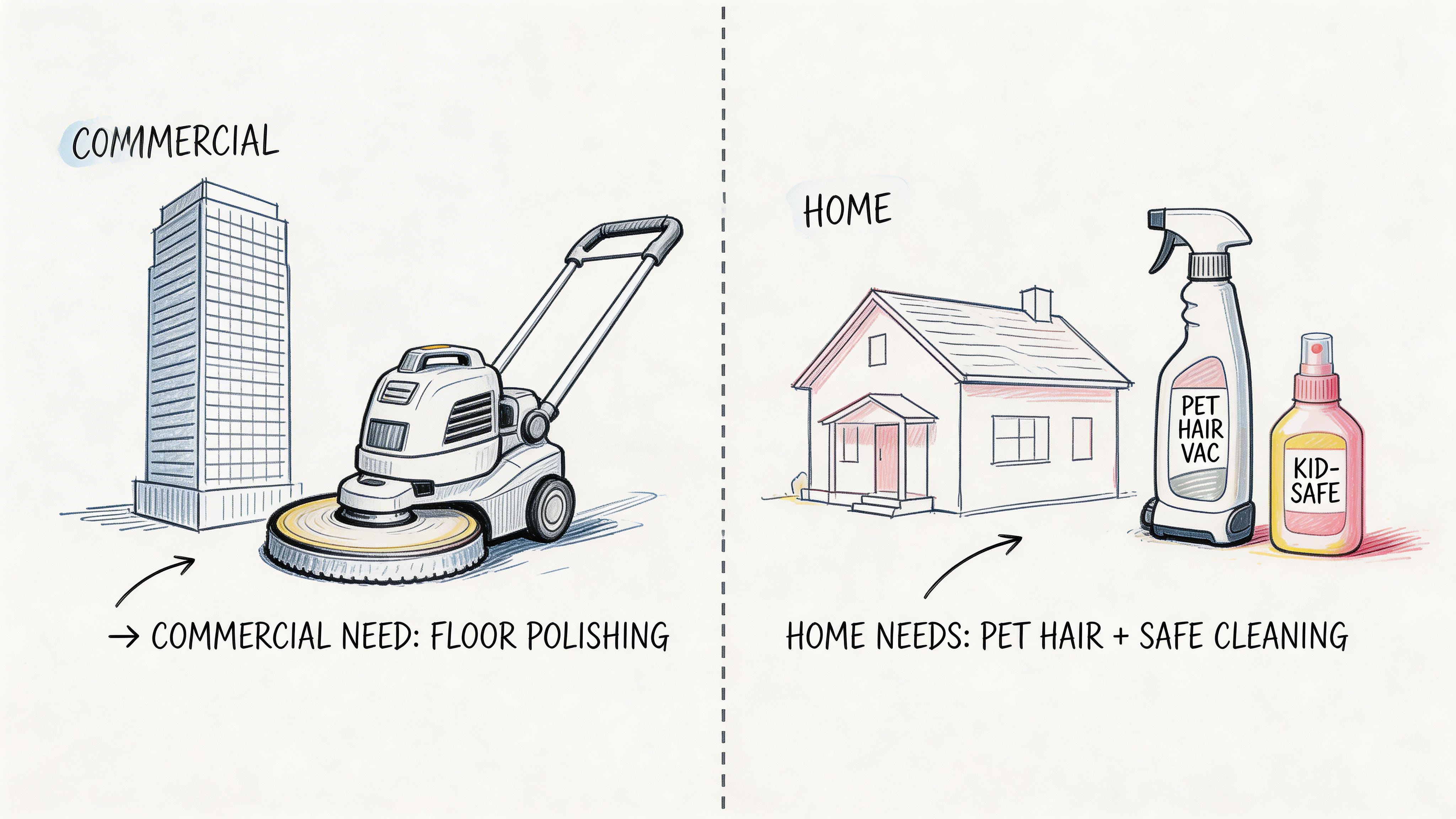 A split illustration comparing commercial floor cleaning equipment with household pet hair and child-safe cleaning supplies.