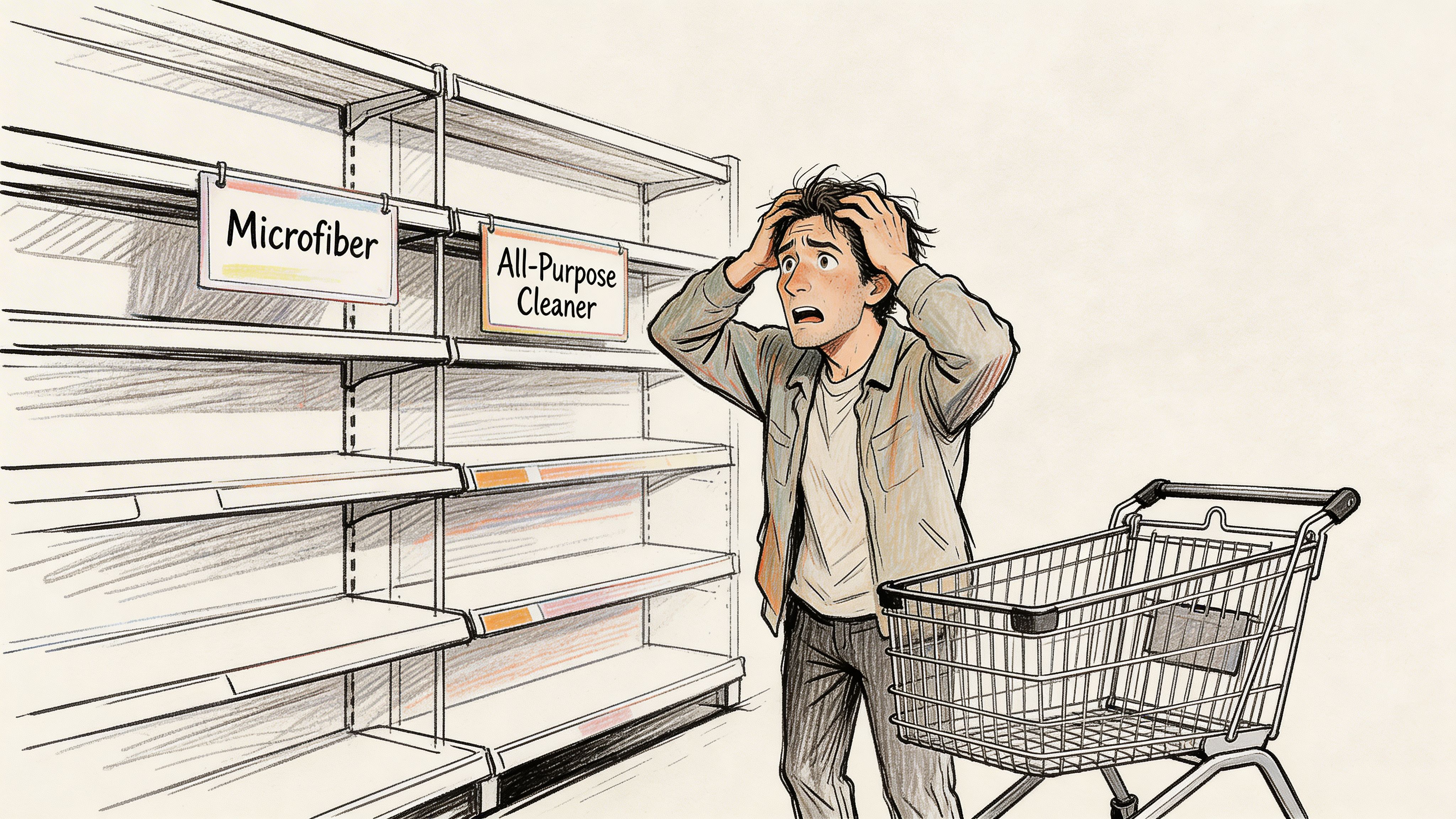 A man looking distressed at empty store shelves labeled for microfiber cloths and all-purpose cleaner.