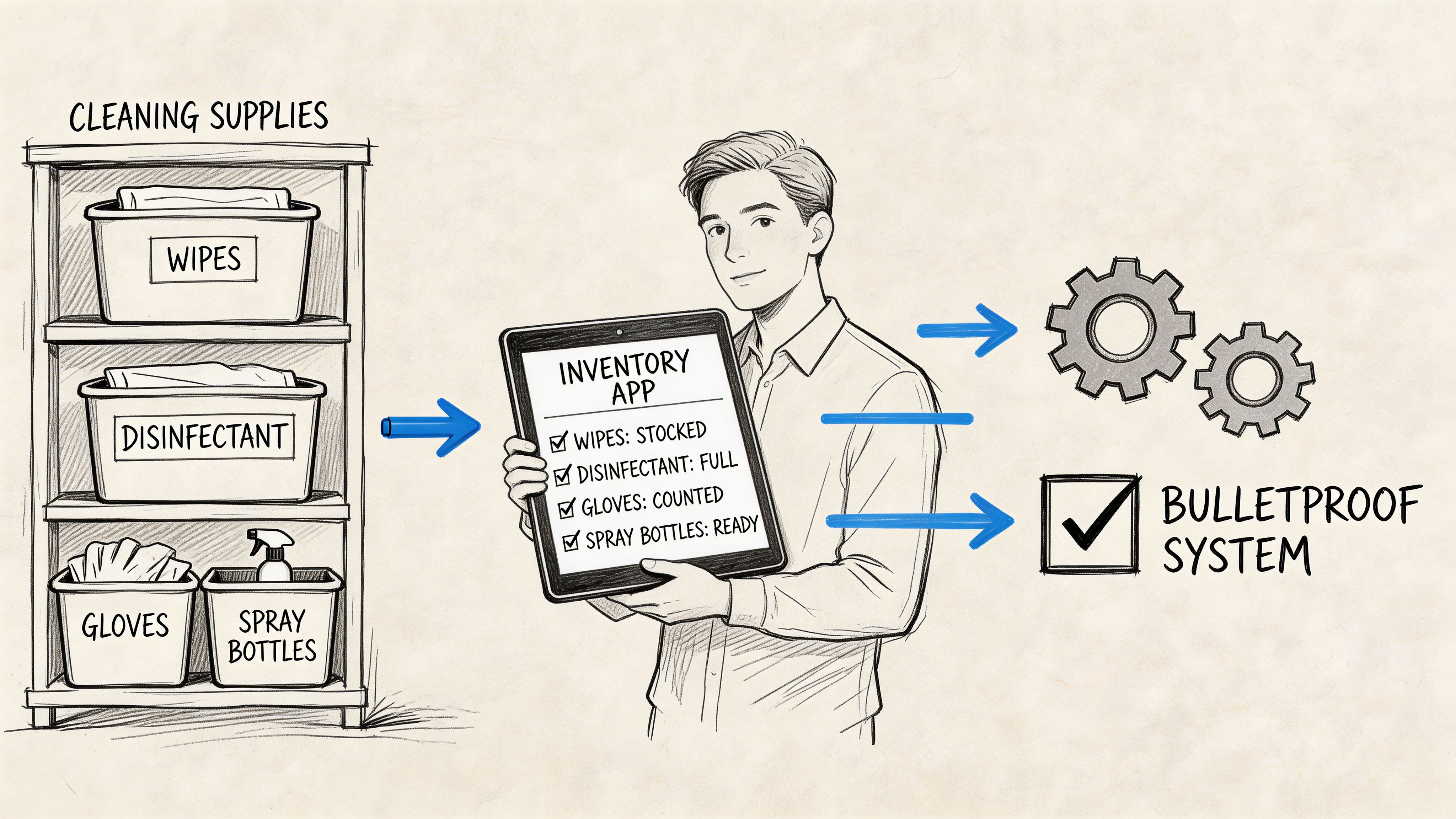 A person holds a tablet displaying a cleaning supplies inventory list next to organized storage shelves.