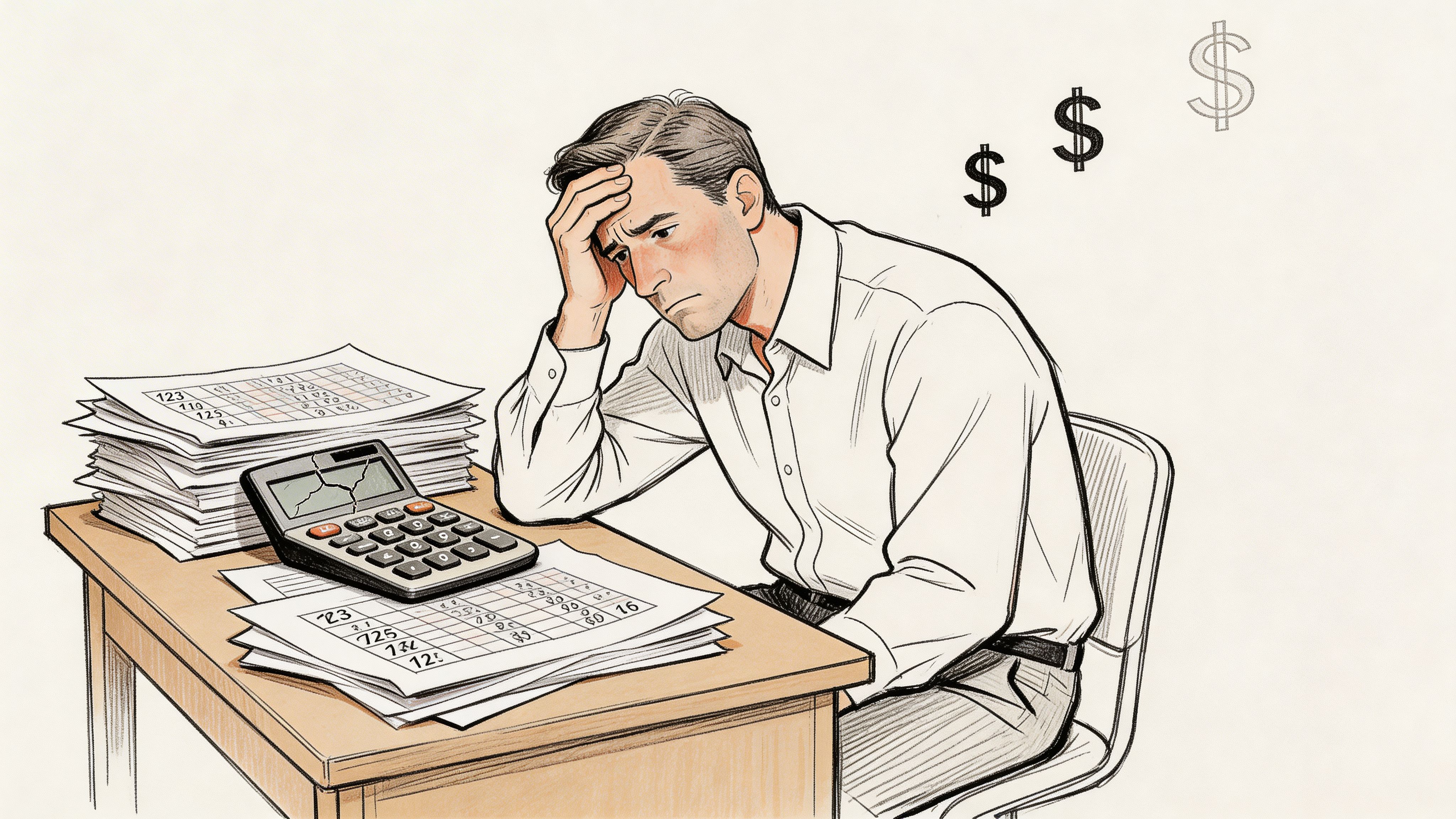 A stressed man sitting at a desk with paperwork and a broken calculator, representing financial difficulties.